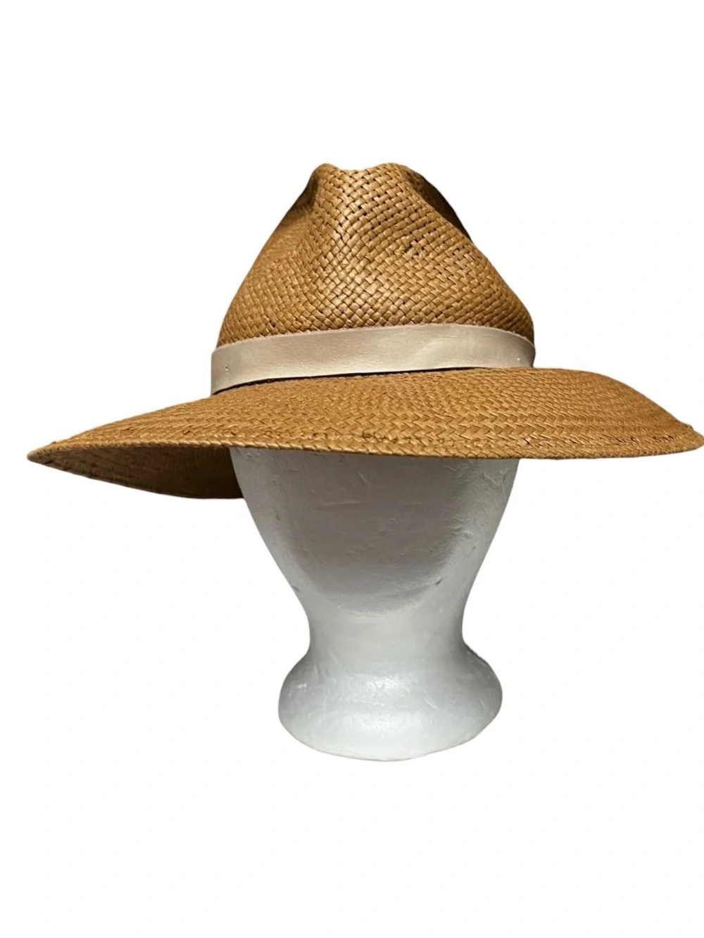 🌻NEW Cond. Janessa Leoné Zoe Packable Straw Fedora Brown Leather Band Size S
